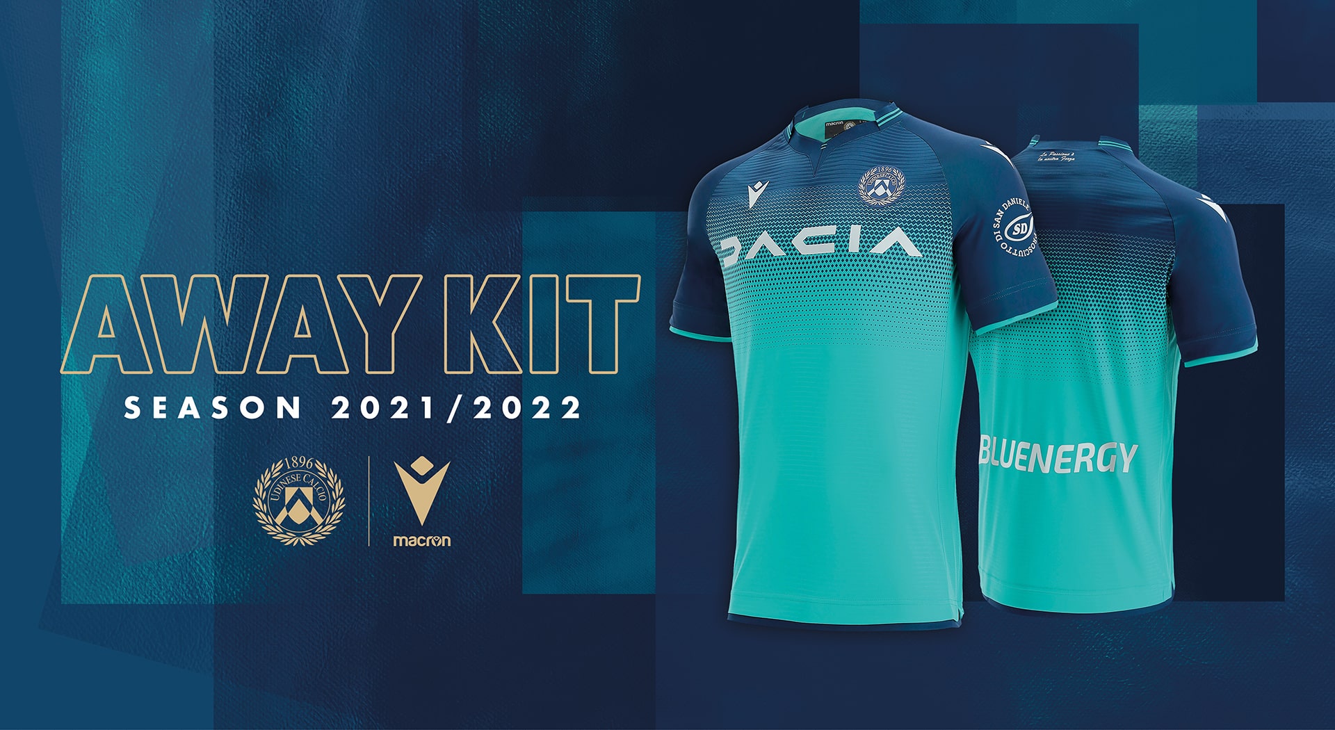 TURQUOISE, NAVY BLUE AND A GREEN SOUL FOR THE UDINESE CALCIO FOOTBALL CLUB ‘AWAY’ SHIRT WITH THE NEW DACIA BRAND IDENTITY